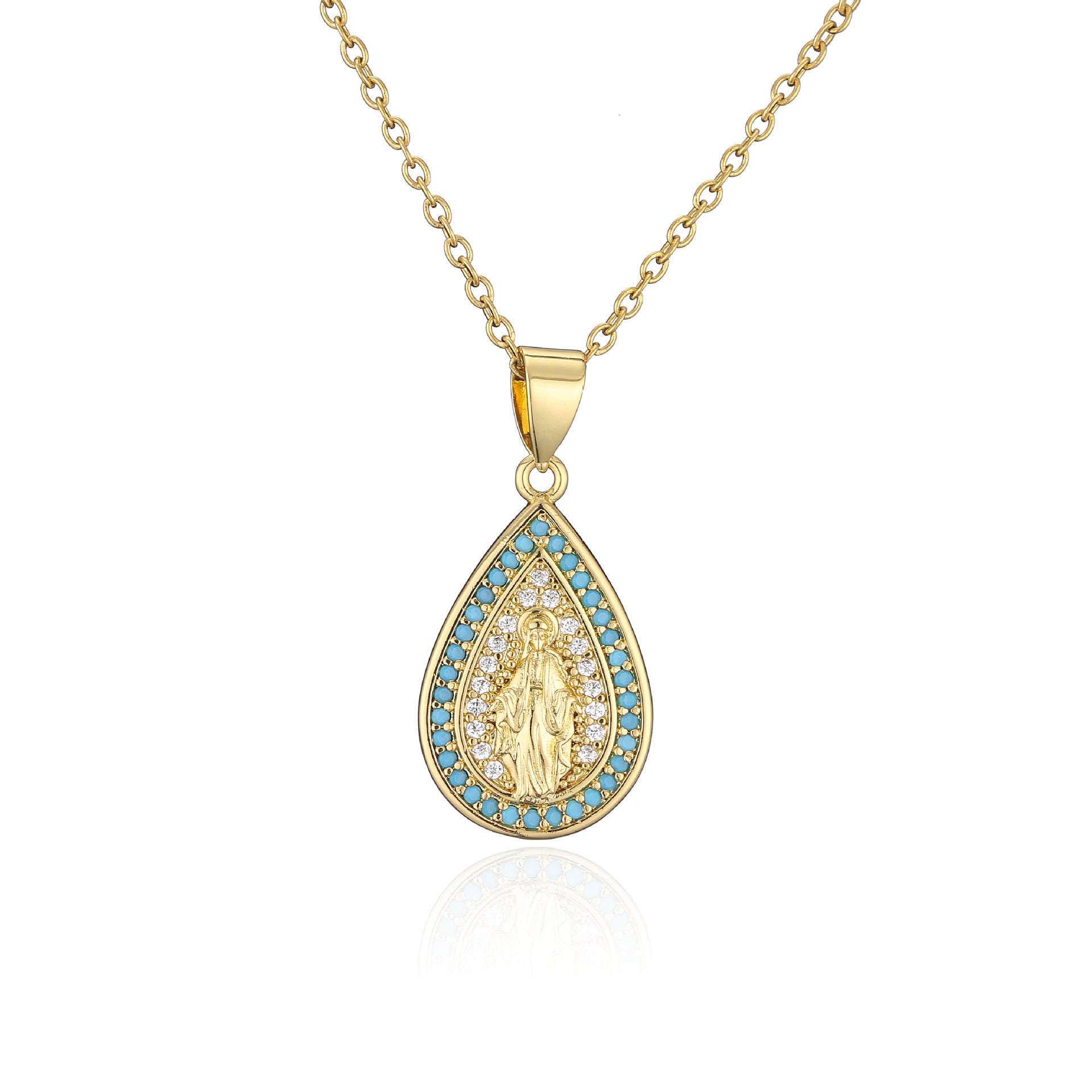 Wholesale Copper Micro-paved Colored Diamond Drop Shaped Virgin Mary Necklace